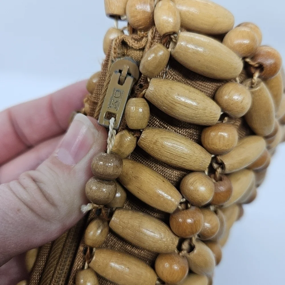 vintage wooden beaded clutch with wrist loop